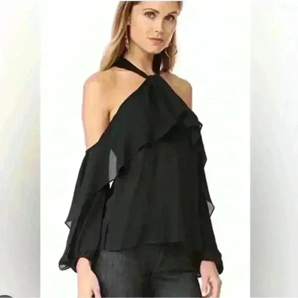 KOBI HALPERIN NWT Adrienne Ruffled Cold-shoulder Silk Blouse In Black Size XS - Picture 1 of 11